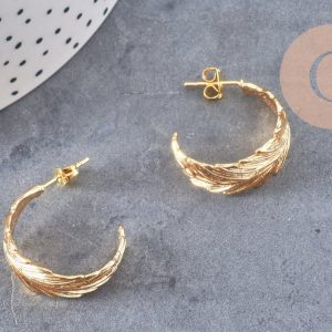 Boucles créoles feuille laiton doré 18k 24mm, la paire (G0916)